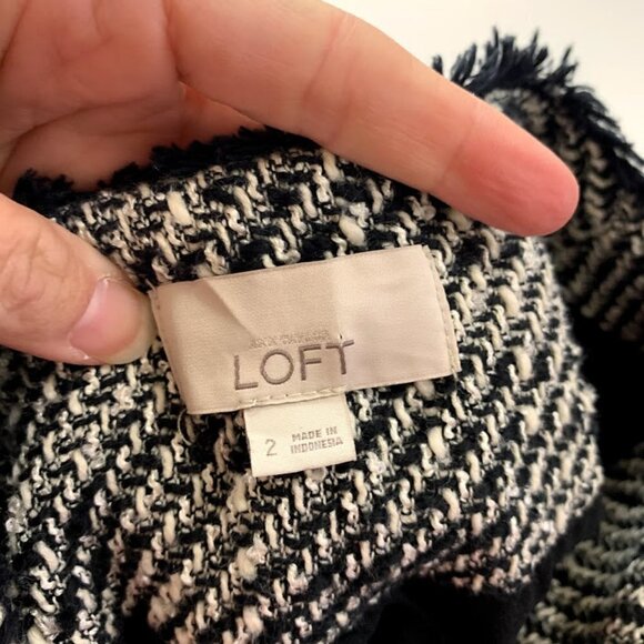 Ann Taylor LOFT Jacket BlazerTweed Black White Fringe Double Breast Knit Cardiga - Picture 7 of 8